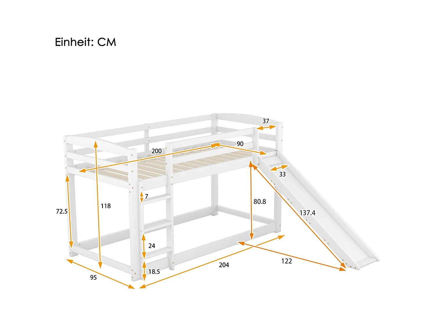 Litera para niños y adolescentes con tobogán - Estructura de madera maciza blanca, fácil montaje, 90x200 cm