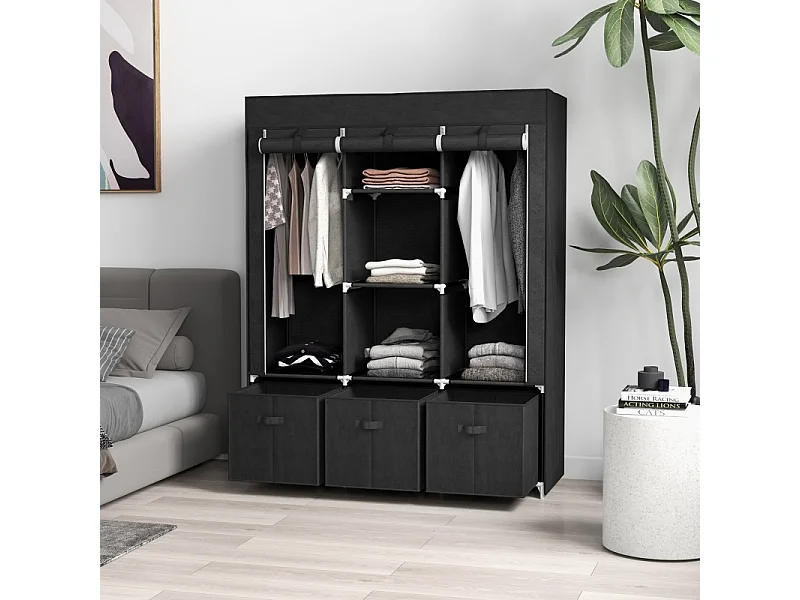 Guarda-roupa dobrável de tecido com 3 gavetas - Preto, 125 x 43 x 162,5 cm, prático e compacto para quarto ou sala de estar