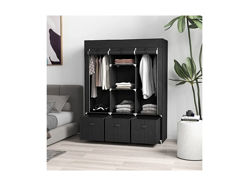 Armoire pliante en tissu avec 3 tiroirs – Noir, 125 x 43 x 162,5 cm, pratique et gain de place pour chambre ou salon