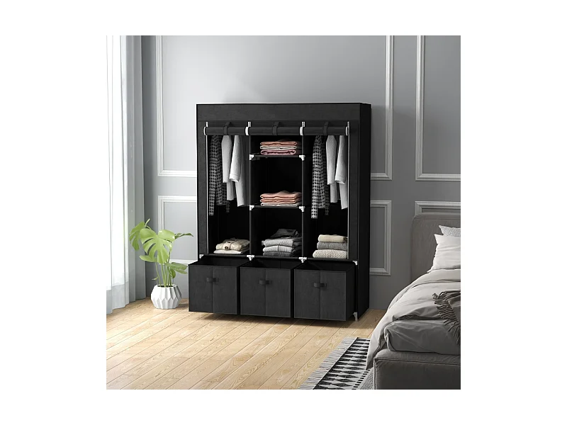 Armoire pliante en tissu avec 3 tiroirs – Noir, 125 x 43 x 162,5 cm, pratique et gain de place pour chambre ou salon