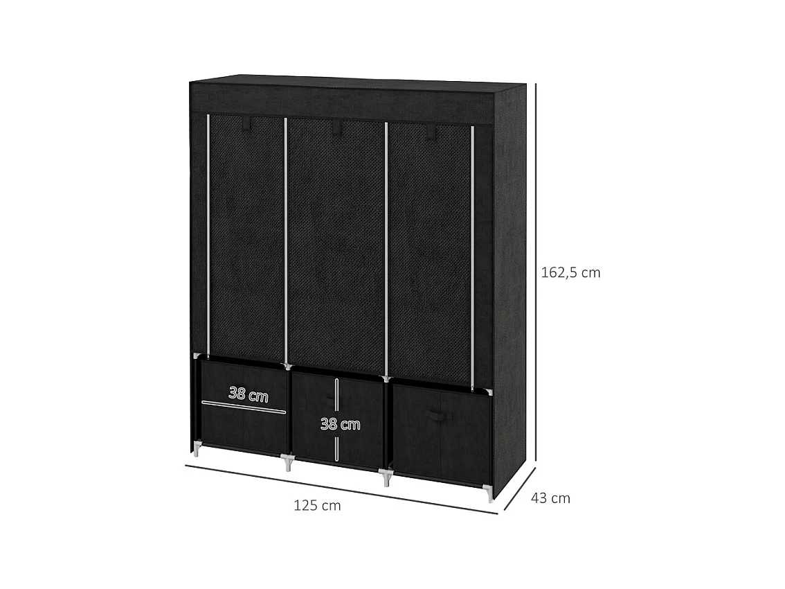 Armoire pliante en tissu avec 3 tiroirs – Noir, 125 x 43 x 162,5 cm, pratique et gain de place pour chambre ou salon
