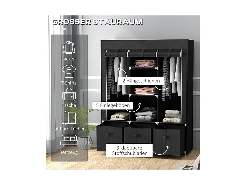 Armoire pliante en tissu avec 3 tiroirs – Noir, 125 x 43 x 162,5 cm, pratique et gain de place pour chambre ou salon
