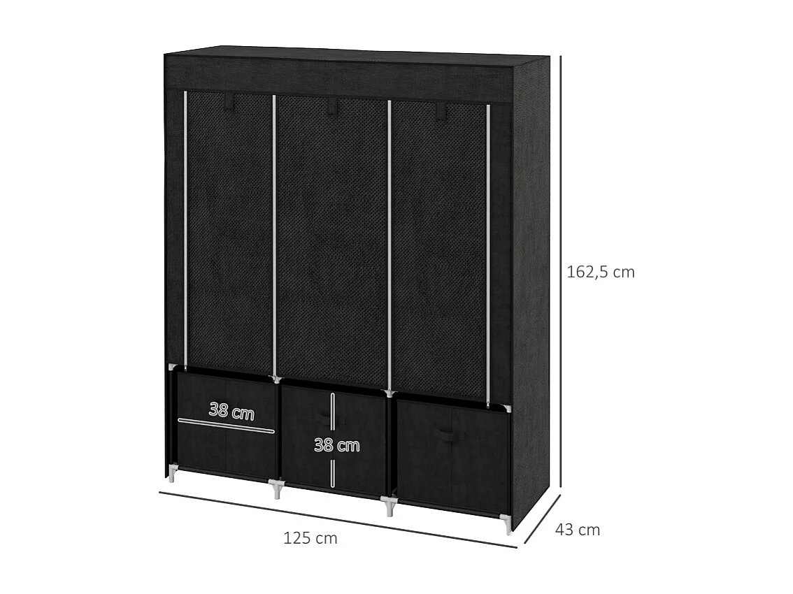 Opvouwbare stoffen kledingkast met 3 lades - Zwart, 125 x 43 x 162,5 cm, praktisch en ruimtebesparend voor slaapkamer of woonkamer