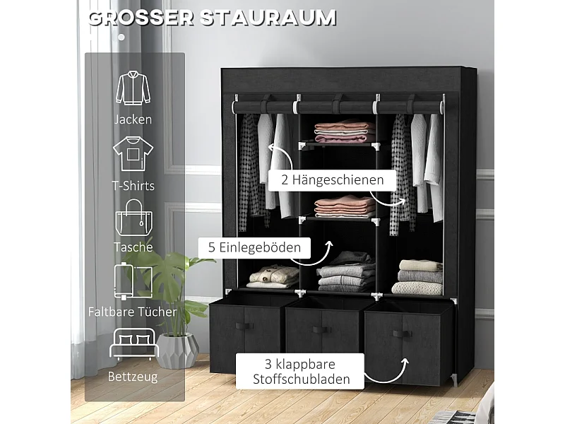 Opvouwbare stoffen kledingkast met 3 lades - Zwart, 125 x 43 x 162,5 cm, praktisch en ruimtebesparend voor slaapkamer of woonkamer