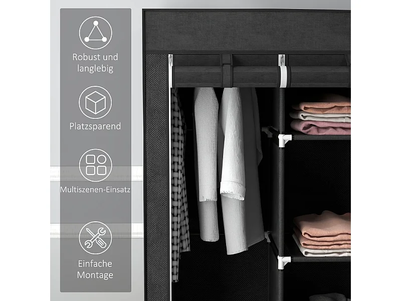 Opvouwbare stoffen kledingkast met 3 lades - Zwart, 125 x 43 x 162,5 cm, praktisch en ruimtebesparend voor slaapkamer of woonkamer