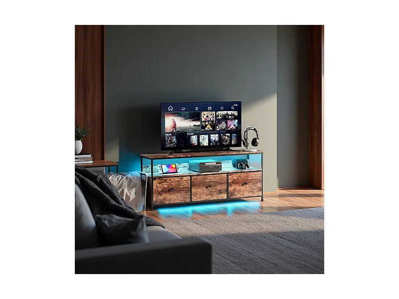 Meuble TV 137 cm LED, plateau effet bois tigre, 3 tiroirs tissu vintage, cadre métal robuste, pieds réglables, style rétro-moderne