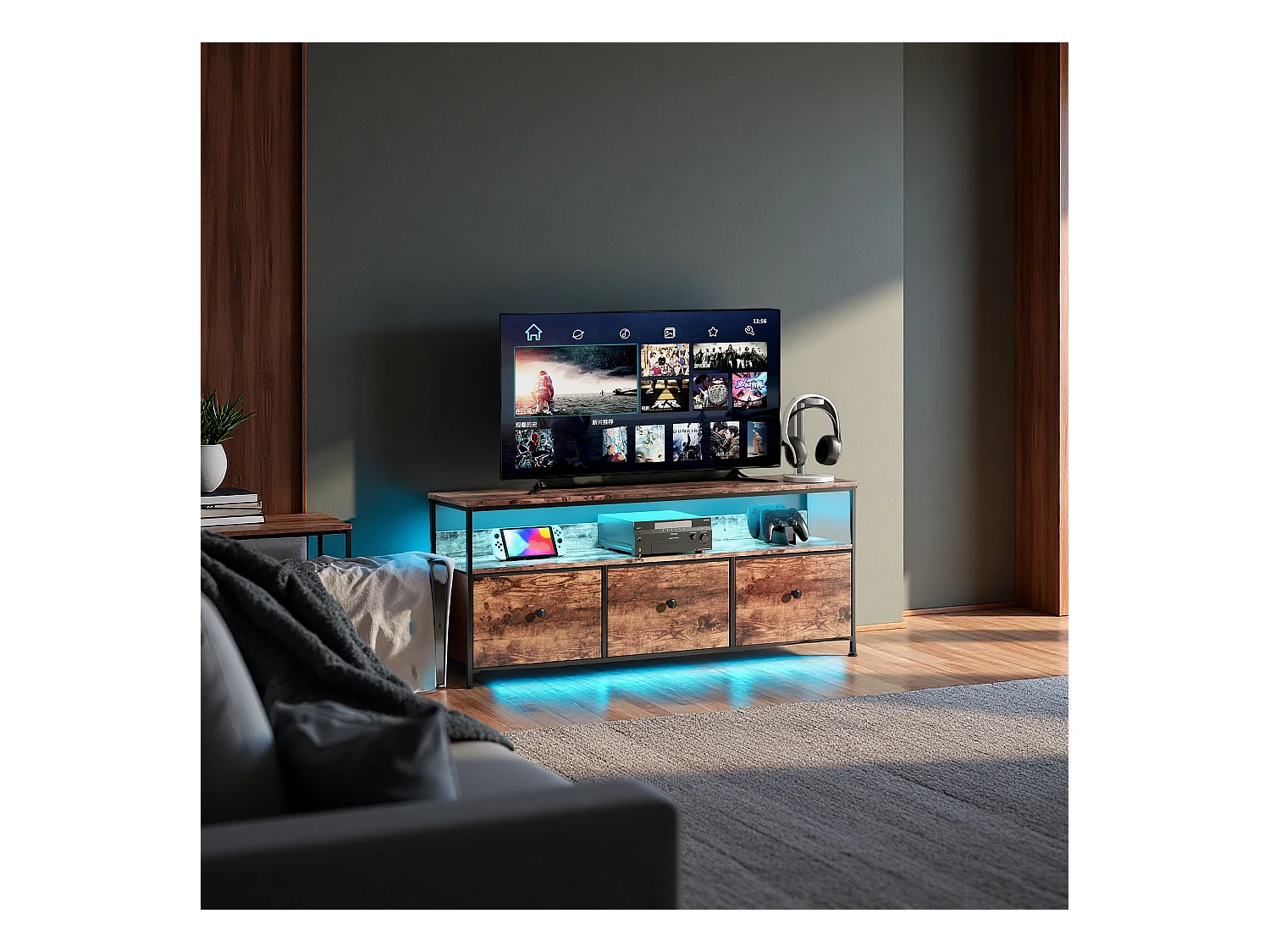 Meuble TV 137 cm LED, plateau effet bois tigre, 3 tiroirs tissu vintage, cadre métal robuste, pieds réglables, style rétro-moderne