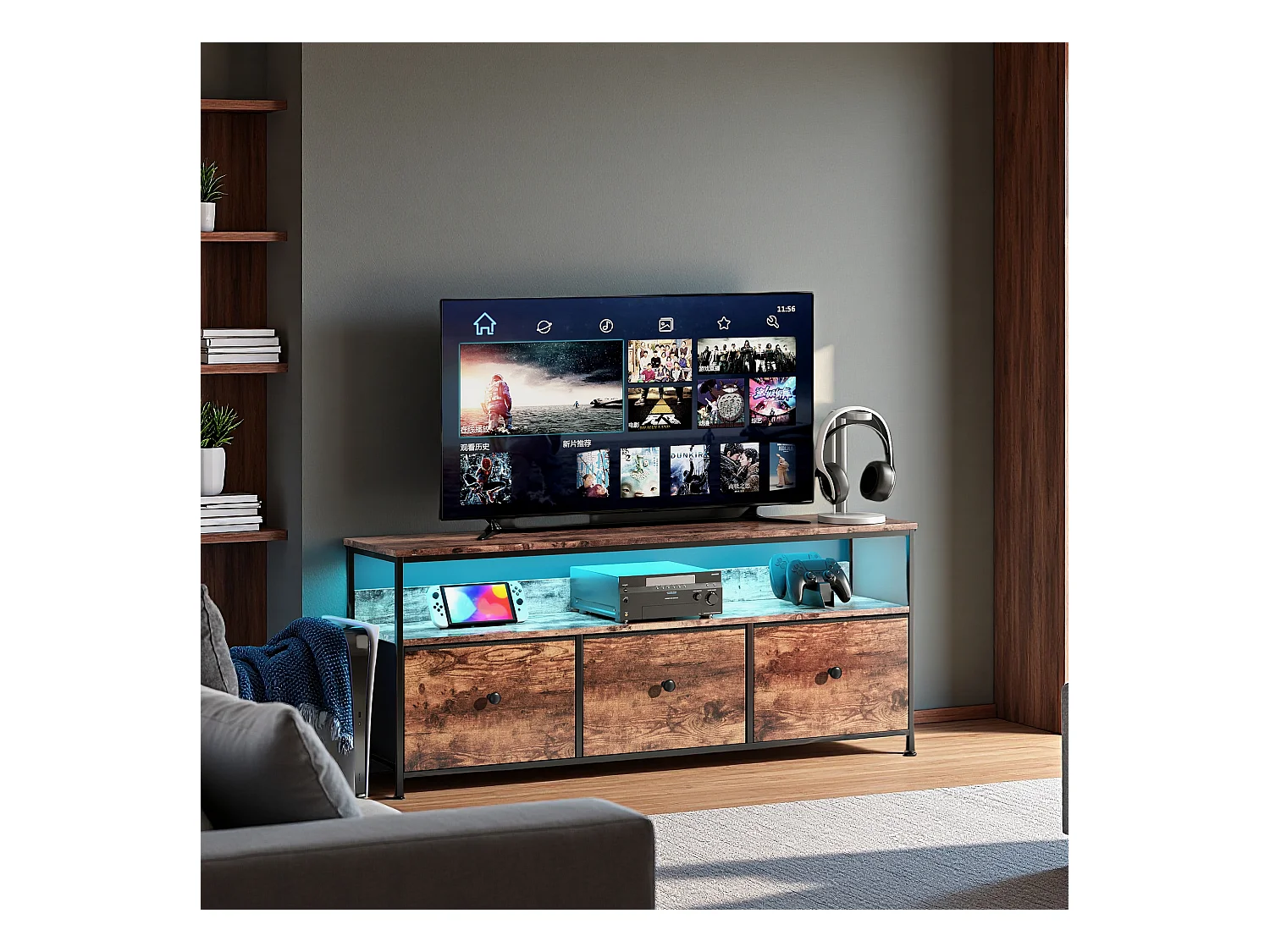 Meuble TV 137 cm LED, plateau effet bois tigre, 3 tiroirs tissu vintage, cadre métal robuste, pieds réglables, style rétro-moderne