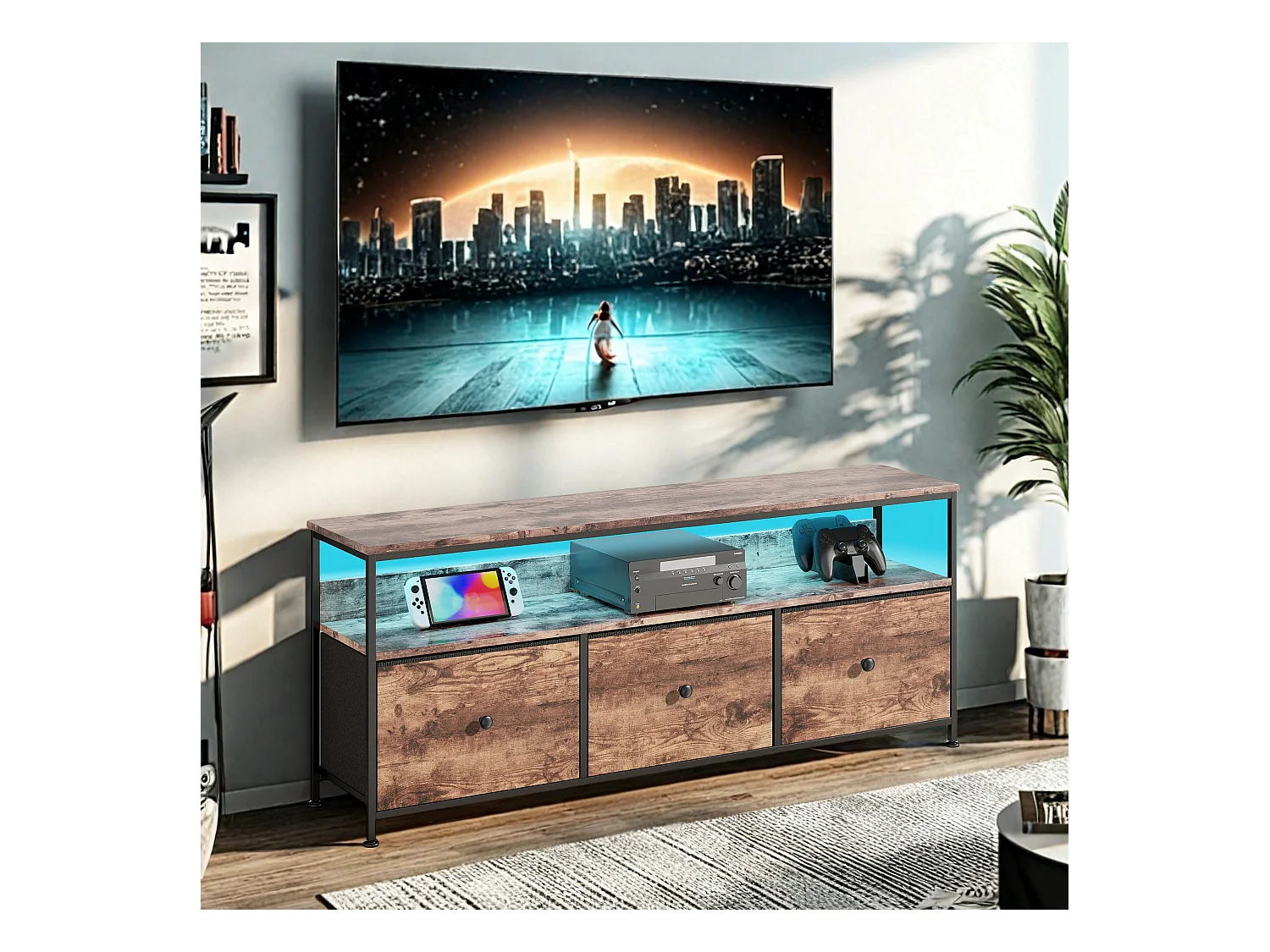 Meuble TV 137 cm LED, plateau effet bois tigre, 3 tiroirs tissu vintage, cadre métal robuste, pieds réglables, style rétro-moderne