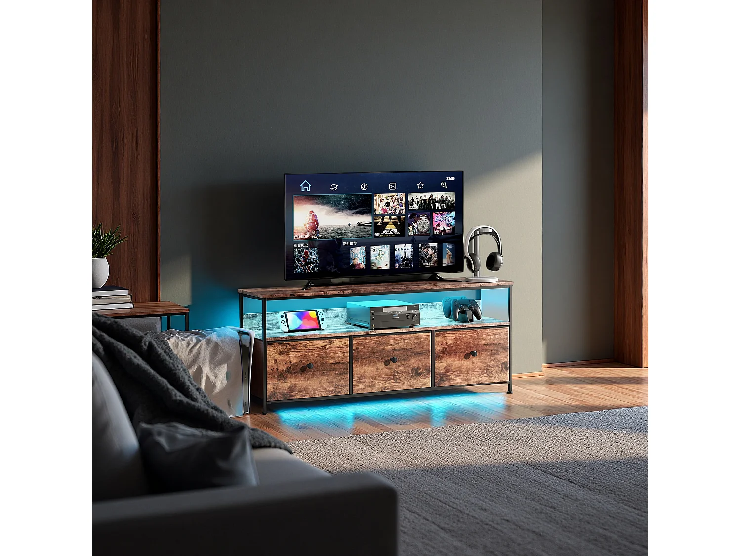 Mueble TV LED de 137 cm, tablero efecto madera de tigre, 3 cajones de tela vintage, estructura metálica robusta, patas regulables, estilo retro-moderno