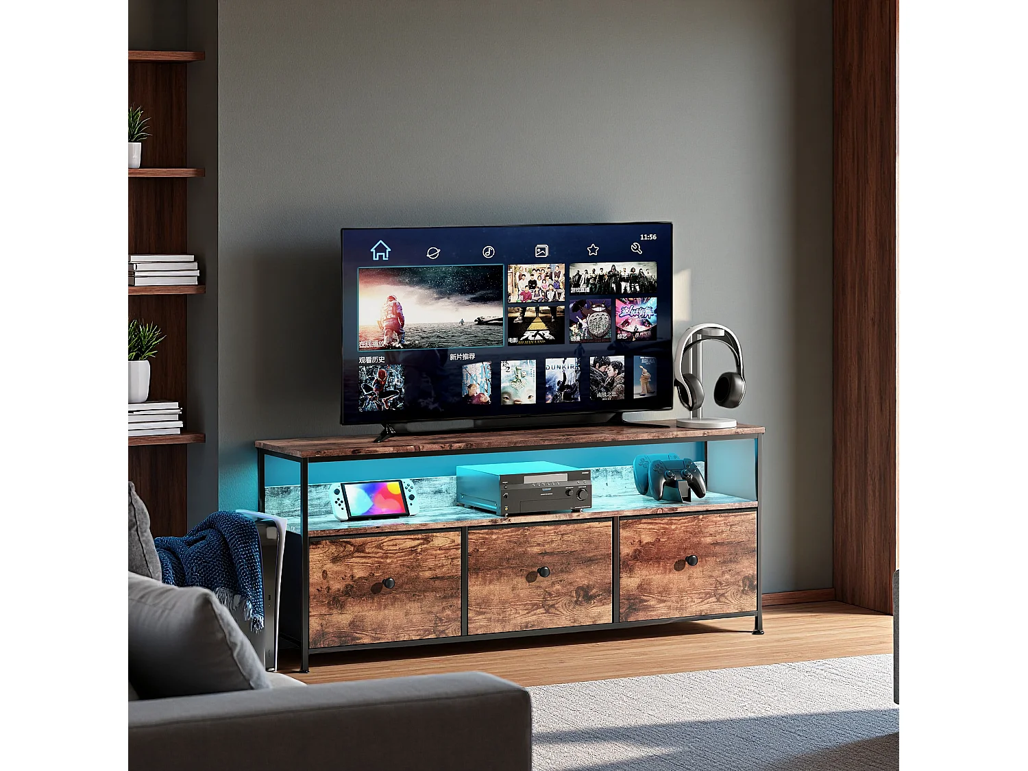 Mueble TV LED de 137 cm, tablero efecto madera de tigre, 3 cajones de tela vintage, estructura metálica robusta, patas regulables, estilo retro-moderno