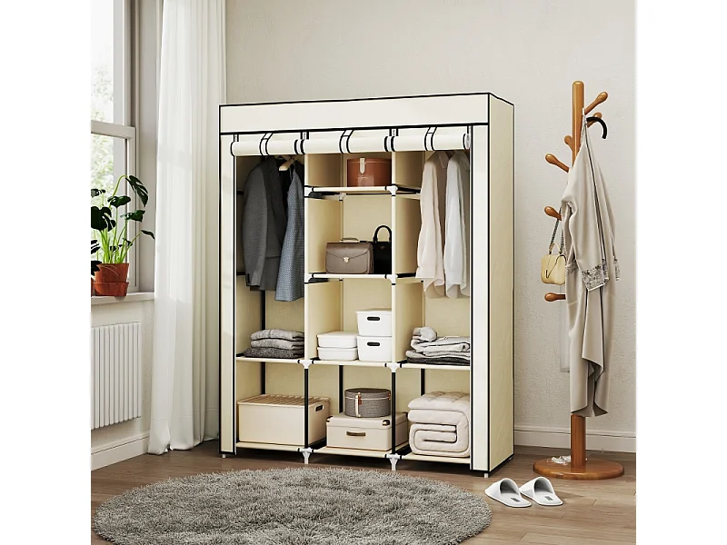 Guarda-roupa dobrável em tecido branco creme com 8 prateleiras e varão para roupas - 125 x 43 x 162,5 cm, prático e economizador de espaço para quarto ou corredor