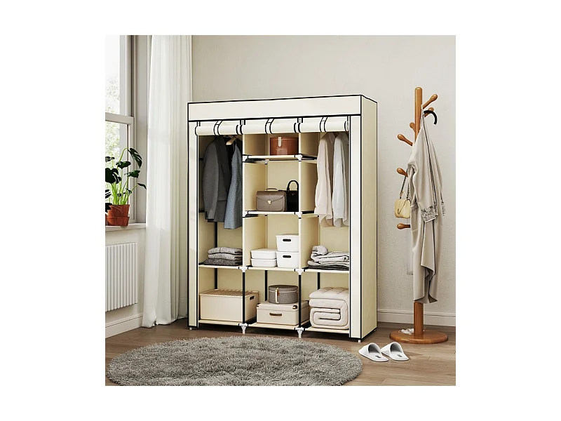 Armoire pliante en tissu blanc crème avec 8 étagères et tringle – 125 x 43 x 162,5 cm, pratique et gain de place pour chambre ou couloir