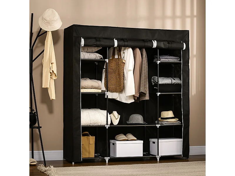 Guarda-roupa de tecido com zíper - 1 varão e 10 prateleiras, 150 x 43 x 162,5 cm, prático, robusto e economizador de espaço