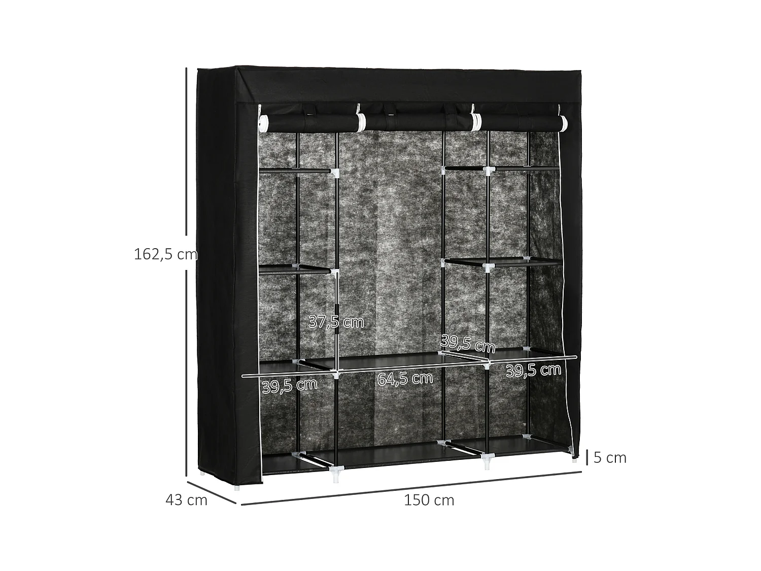 Armoire en tissu avec fermeture éclair – 1 tringle et 10 étagères, 150 x 43 x 162,5 cm, pratique, robuste et gain de place