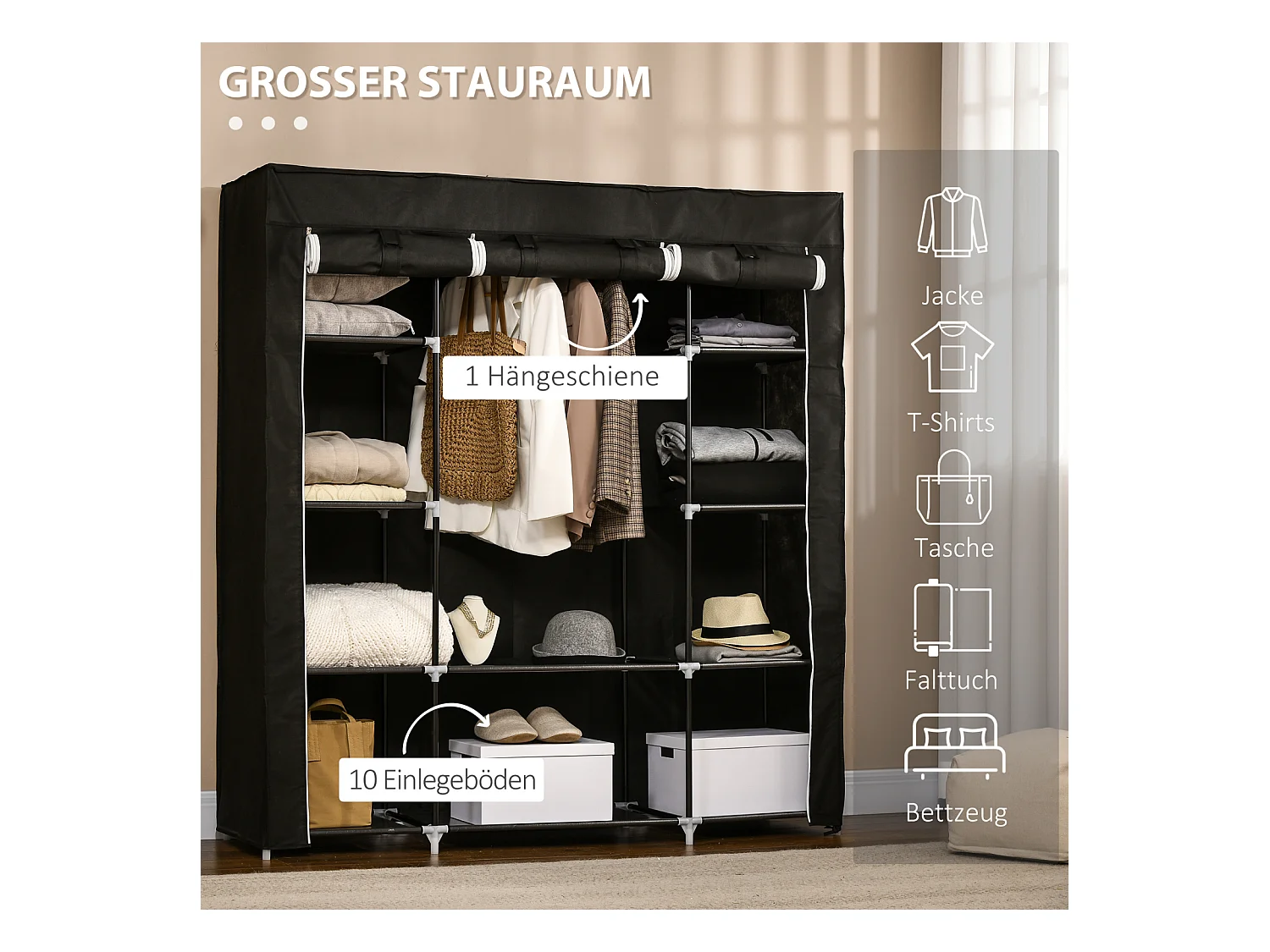 Armoire en tissu avec fermeture éclair – 1 tringle et 10 étagères, 150 x 43 x 162,5 cm, pratique, robuste et gain de place