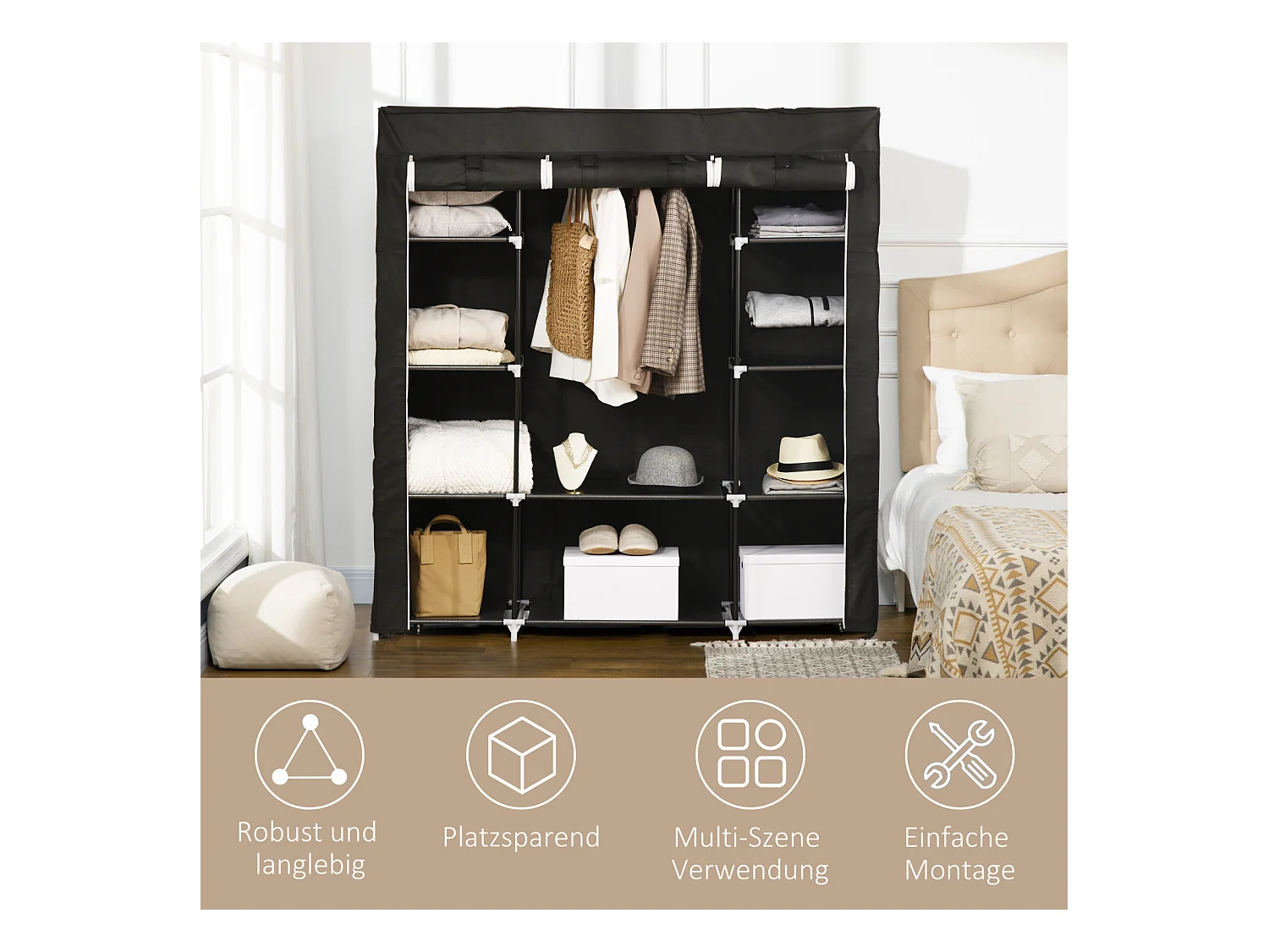 Armoire en tissu avec fermeture éclair – 1 tringle et 10 étagères, 150 x 43 x 162,5 cm, pratique, robuste et gain de place