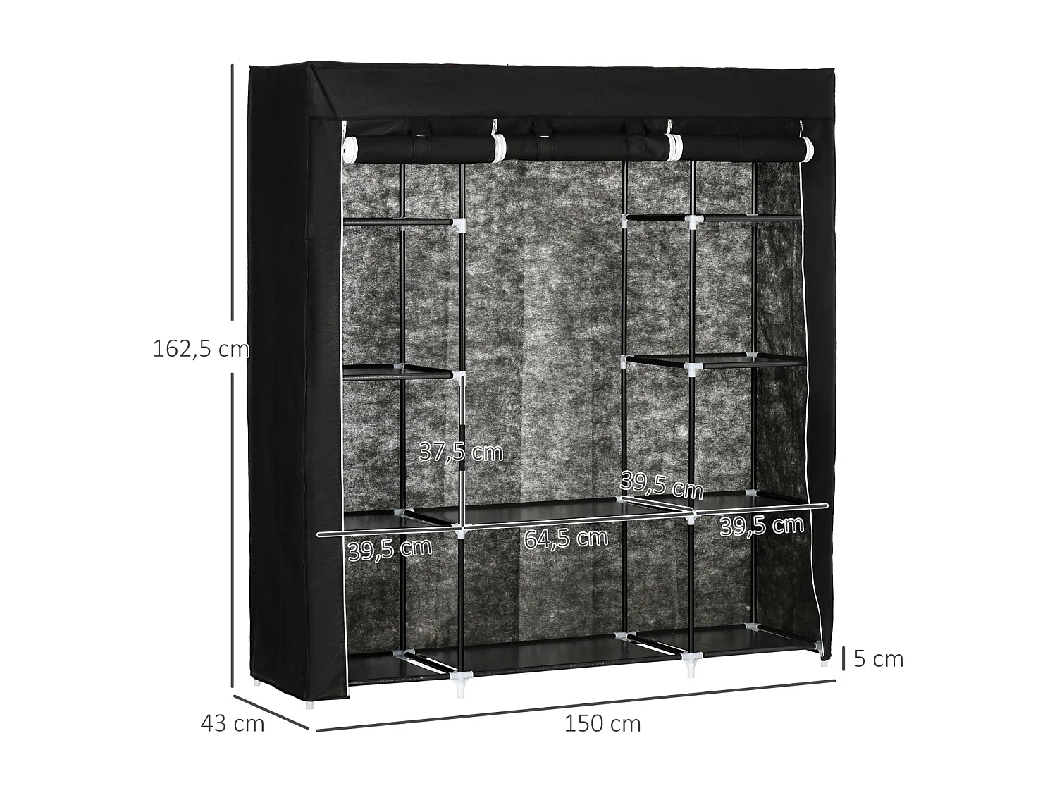 Armoire en tissu avec fermeture éclair – 1 tringle et 10 étagères, 150 x 43 x 162,5 cm, pratique, robuste et gain de place