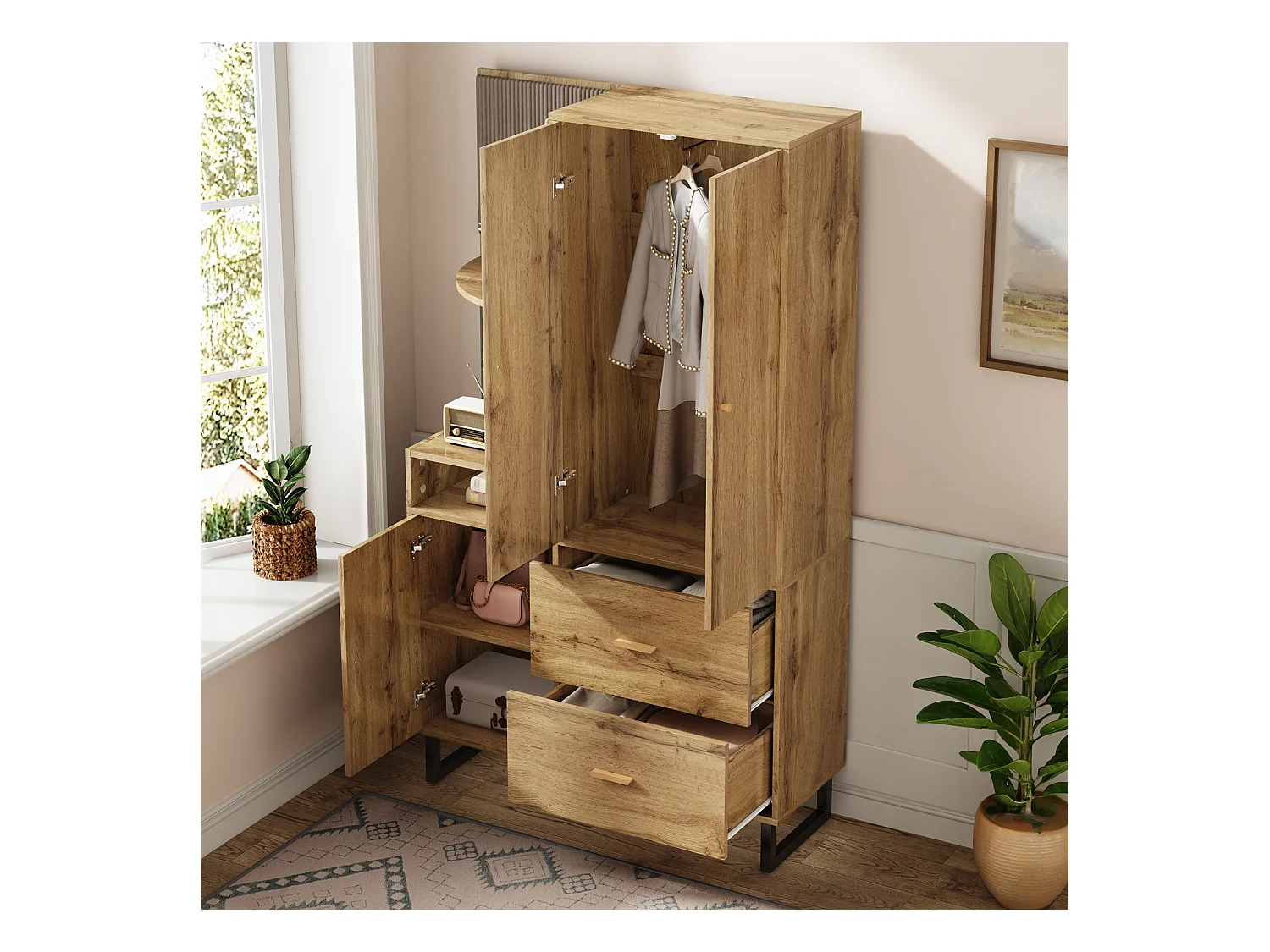 Armoire compacte pour entrée et couloir avec panneaux rembourrés et rangement chaussures – 110 x 186 x 38 cm, pratique et élégant