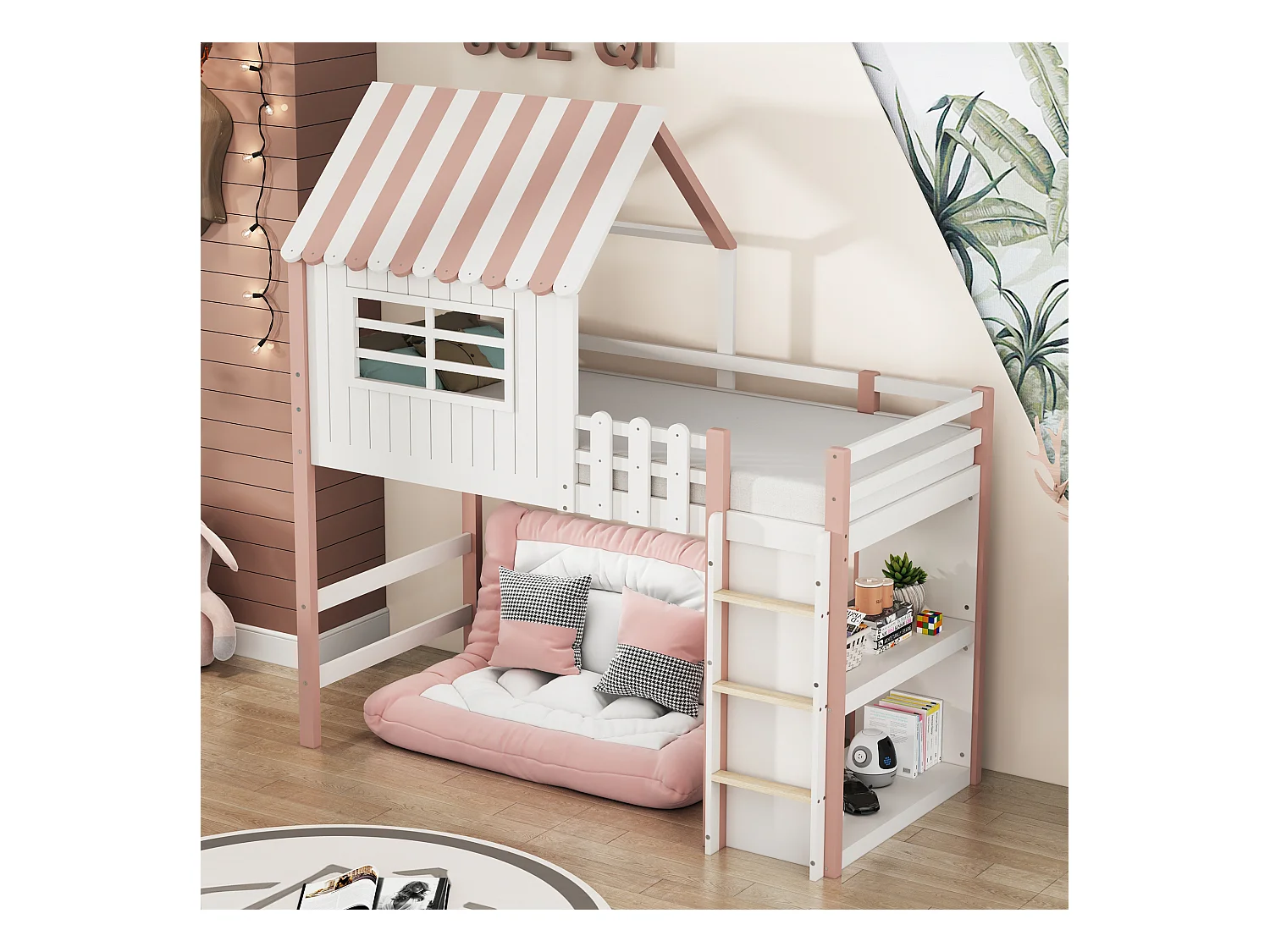 Multifunktionsbett 90x200 cm für Kinder - Massivholz rosa, mittelhohes und niedriges Bett, Dach, Sicherheitsleiter, Regal