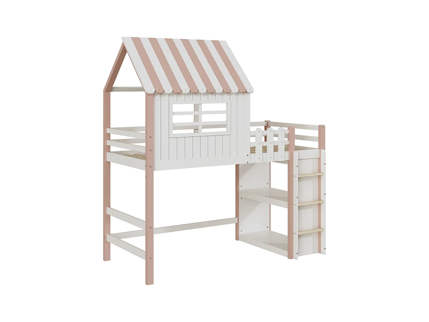 Multifunktionsbett 90x200 cm für Kinder - Massivholz rosa, mittelhohes und niedriges Bett, Dach, Sicherheitsleiter, Regal