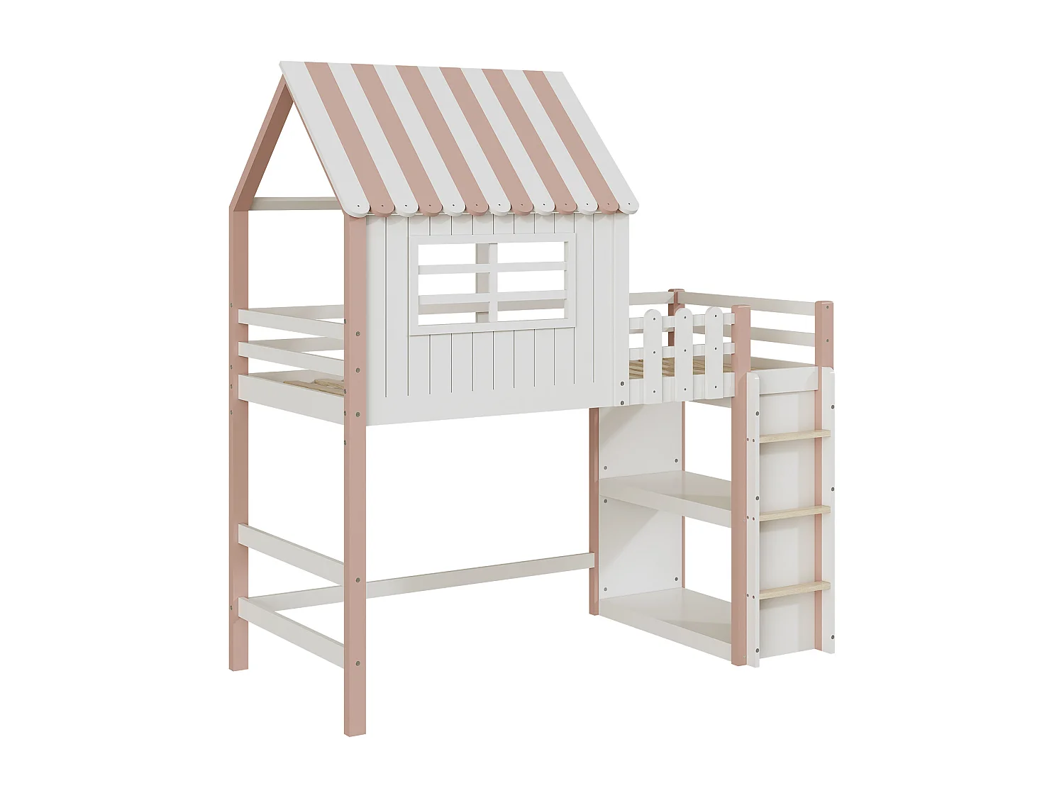 Lit multifonction 90x200 cm pour enfants – Bois massif rose, lit mi-haut et bas, toit, échelle de sécurité, étagère