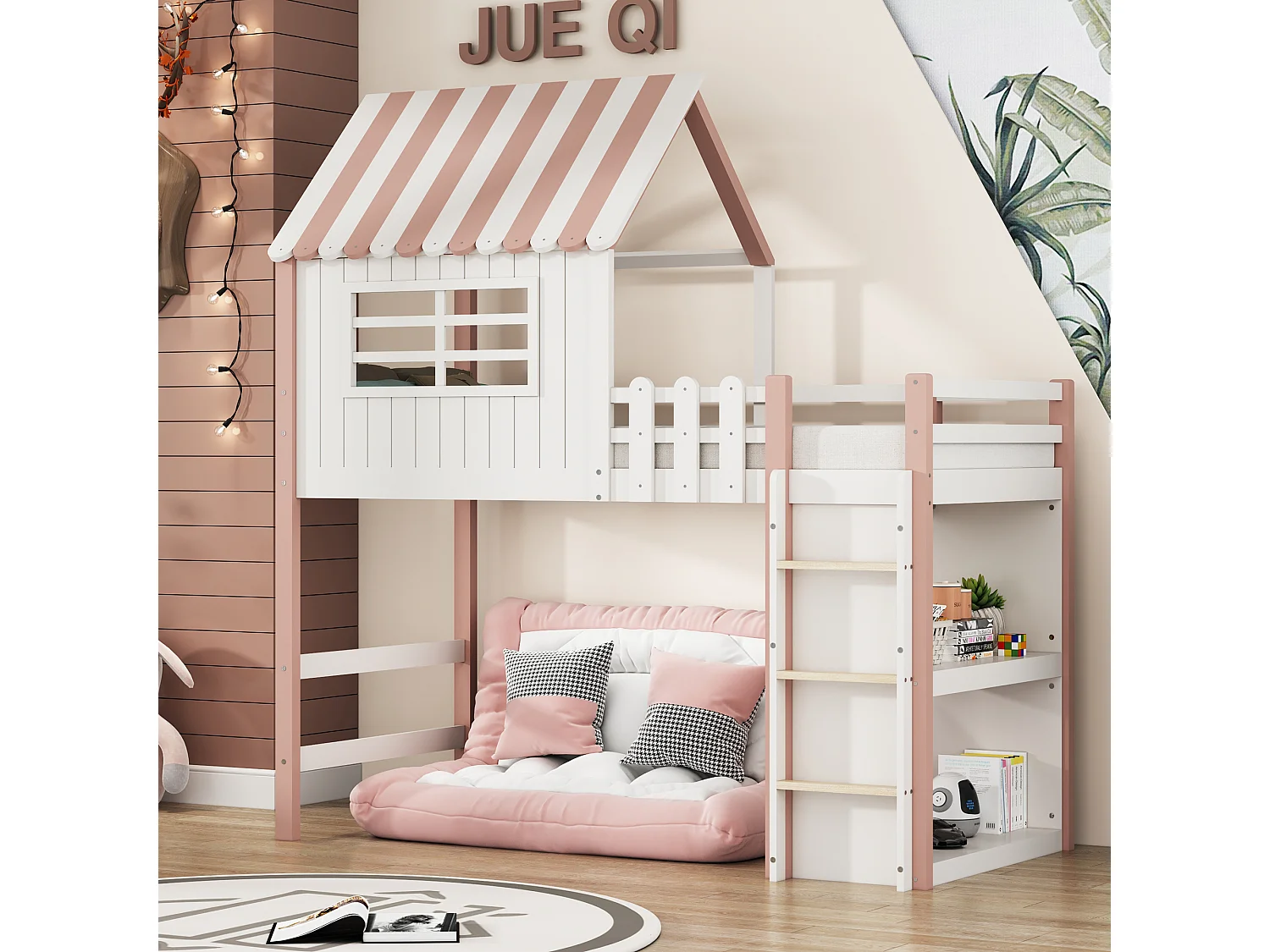 Lit multifonction 90x200 cm pour enfants – Bois massif rose, lit mi-haut et bas, toit, échelle de sécurité, étagère