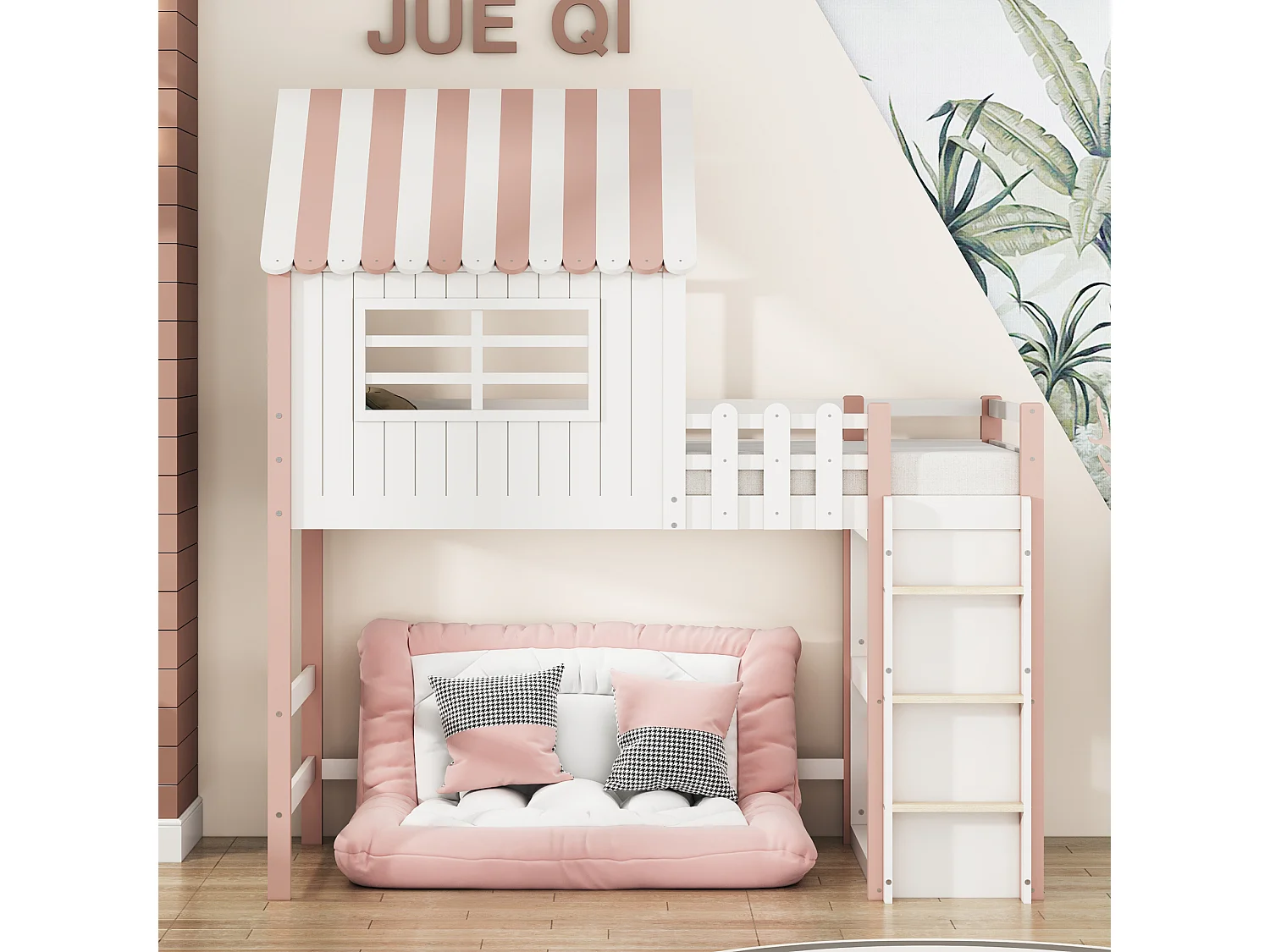 Lit multifonction 90x200 cm pour enfants – Bois massif rose, lit mi-haut et bas, toit, échelle de sécurité, étagère