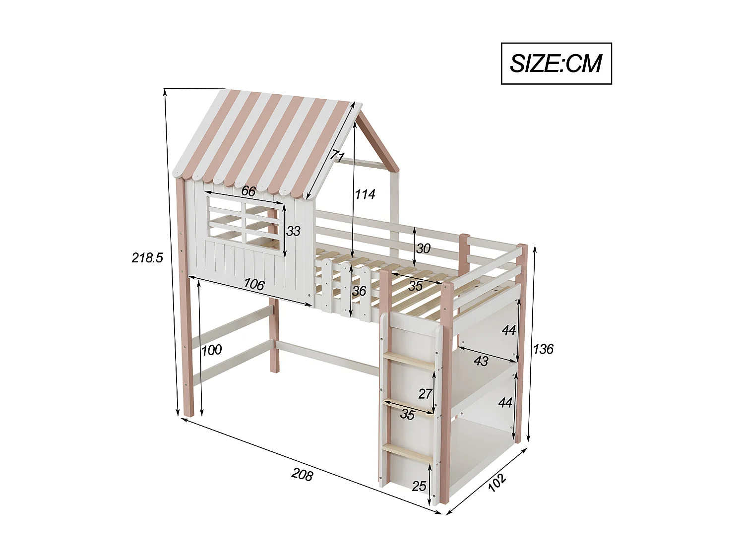 Lit multifonction 90x200 cm pour enfants – Bois massif rose, lit mi-haut et bas, toit, échelle de sécurité, étagère