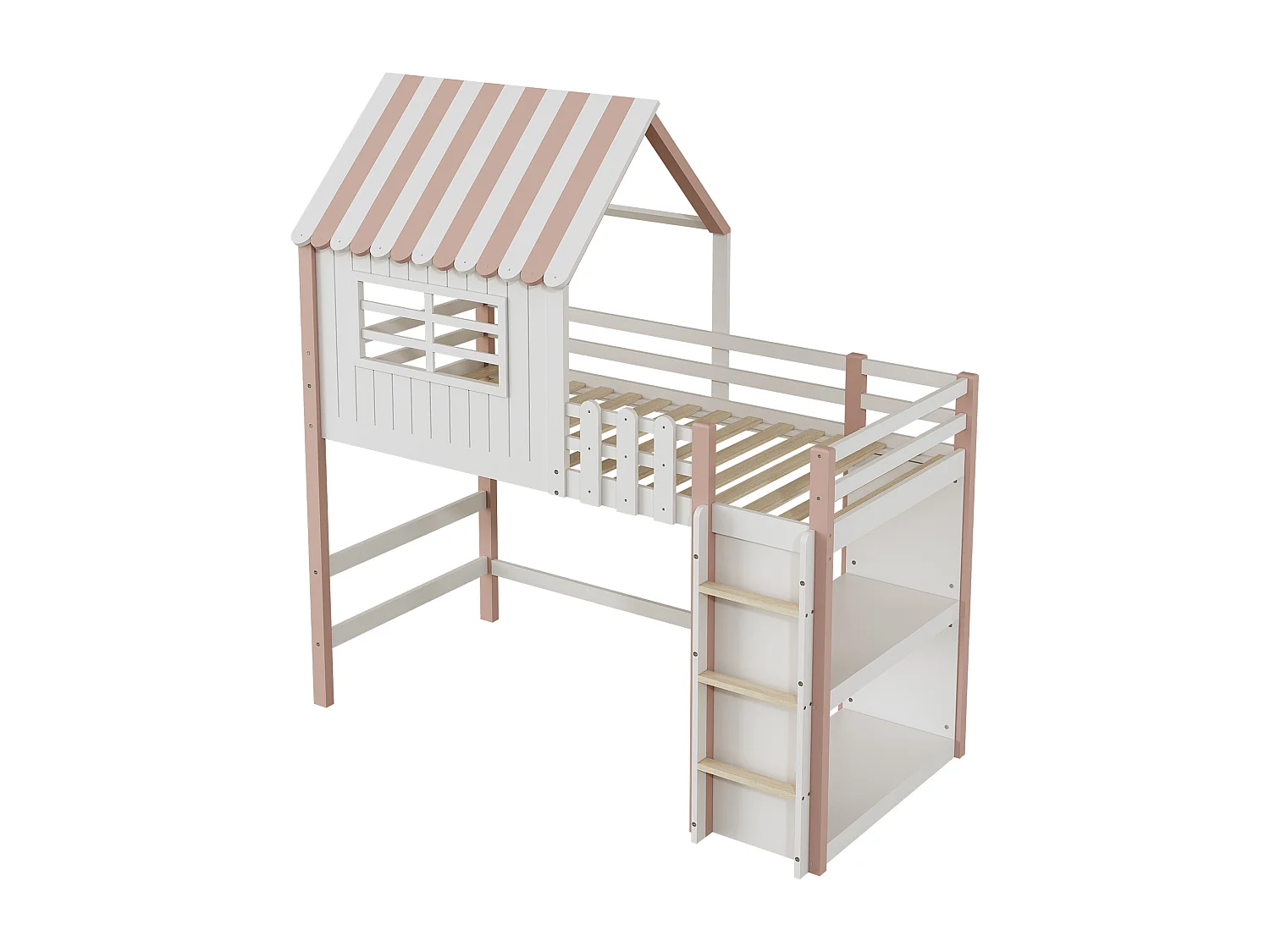 Lit multifonction 90x200 cm pour enfants – Bois massif rose, lit mi-haut et bas, toit, échelle de sécurité, étagère