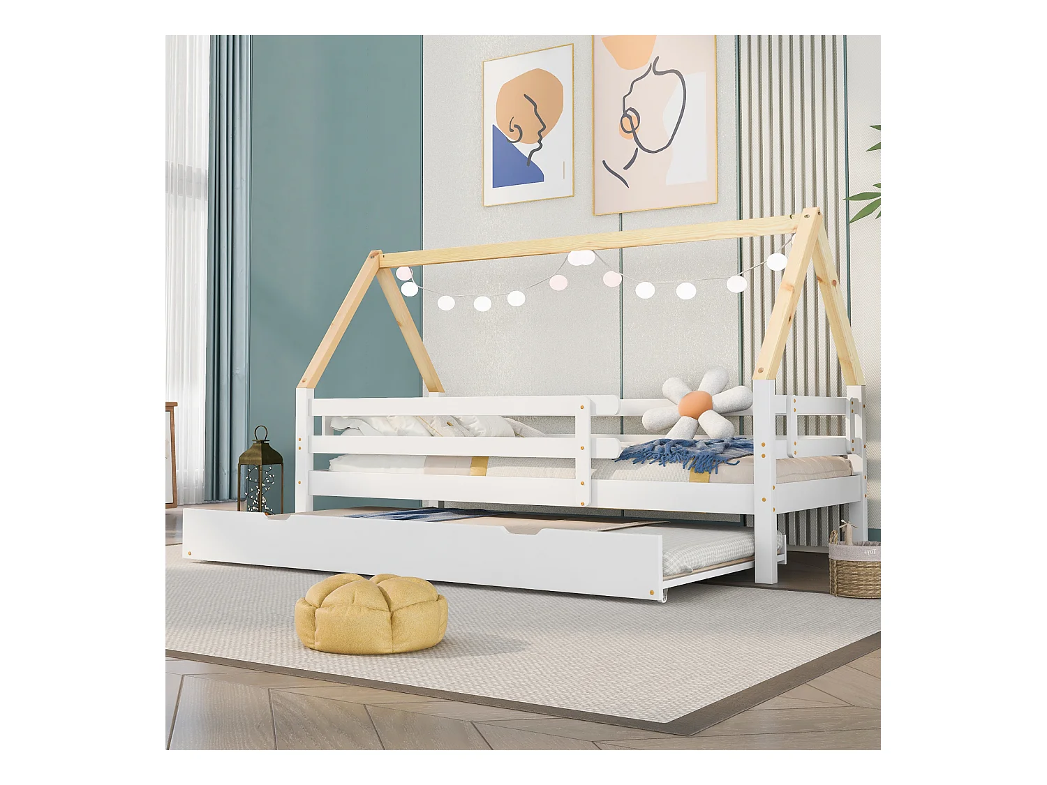 Cama nido de madera maciza blanca - Cama individual con ruedas, techo natural (90x200 y 90x190 cm)