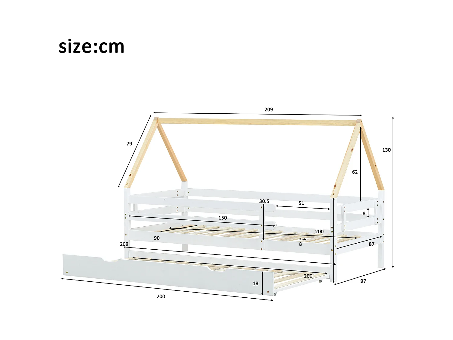 Cama nido de madera maciza blanca - Cama individual con ruedas, techo natural (90x200 y 90x190 cm)