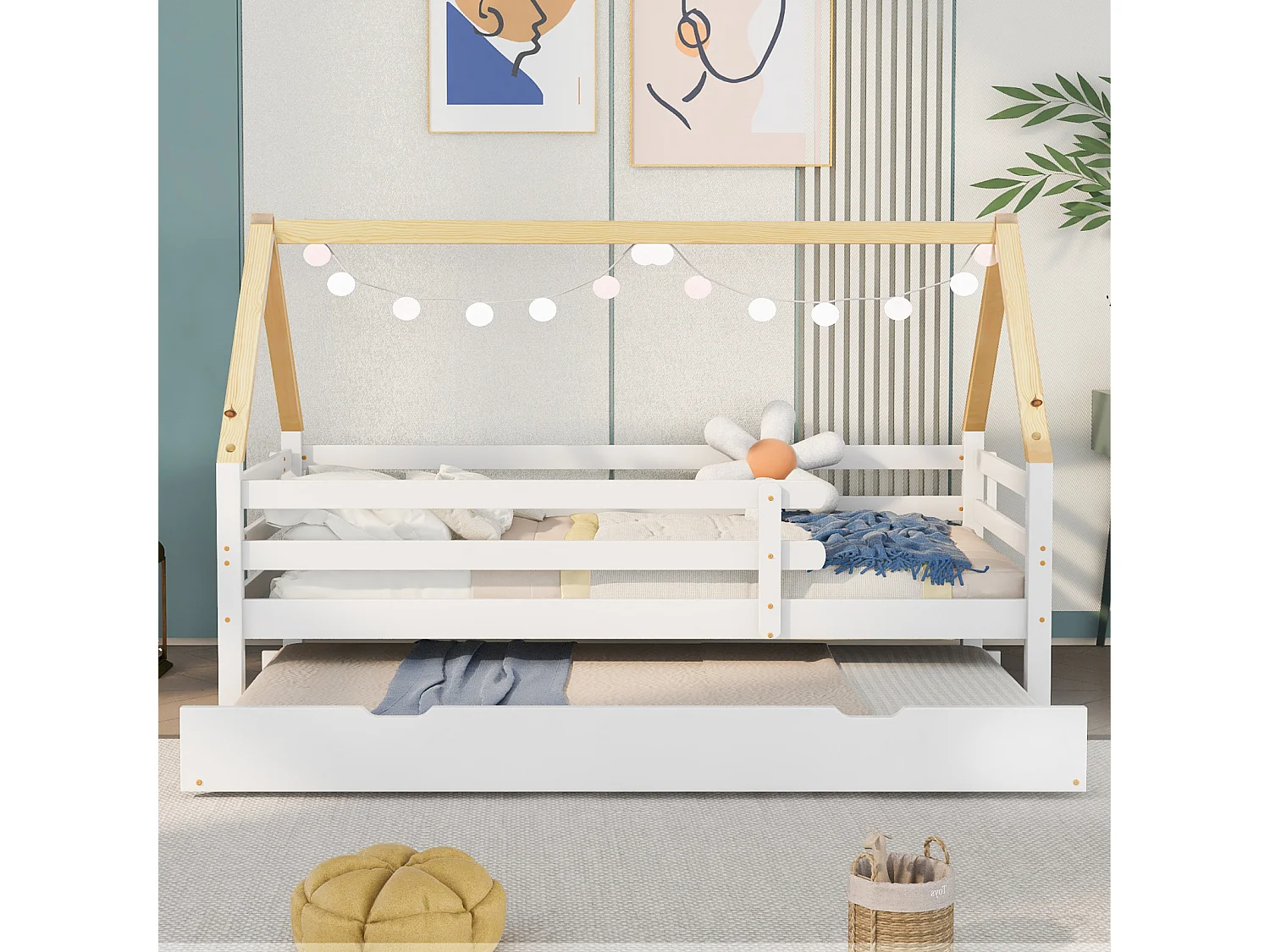 Lit cabane en bois massif blanc – Lit simple avec lit gigogne roulant, toit naturel (90x200 & 90x190 cm)