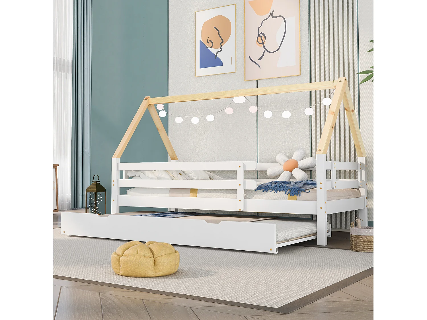 Lit cabane en bois massif blanc – Lit simple avec lit gigogne roulant, toit naturel (90x200 & 90x190 cm)