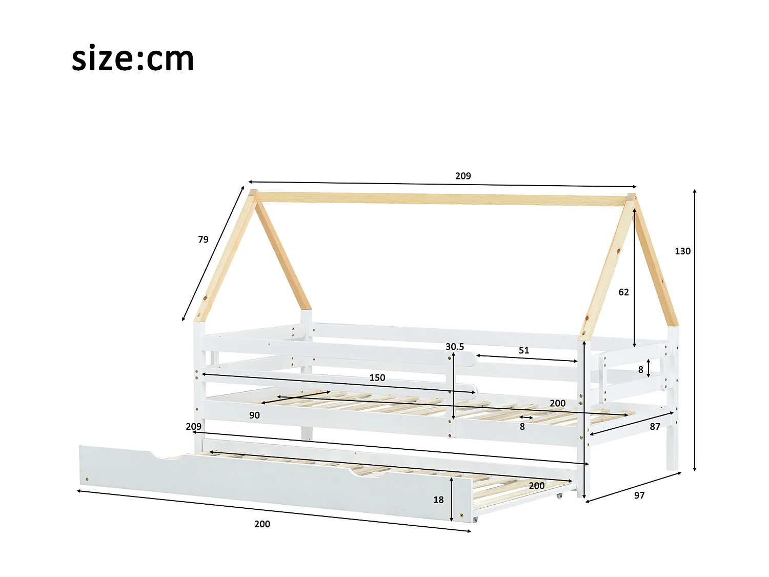 Lit cabane en bois massif blanc – Lit simple avec lit gigogne roulant, toit naturel (90x200 & 90x190 cm)