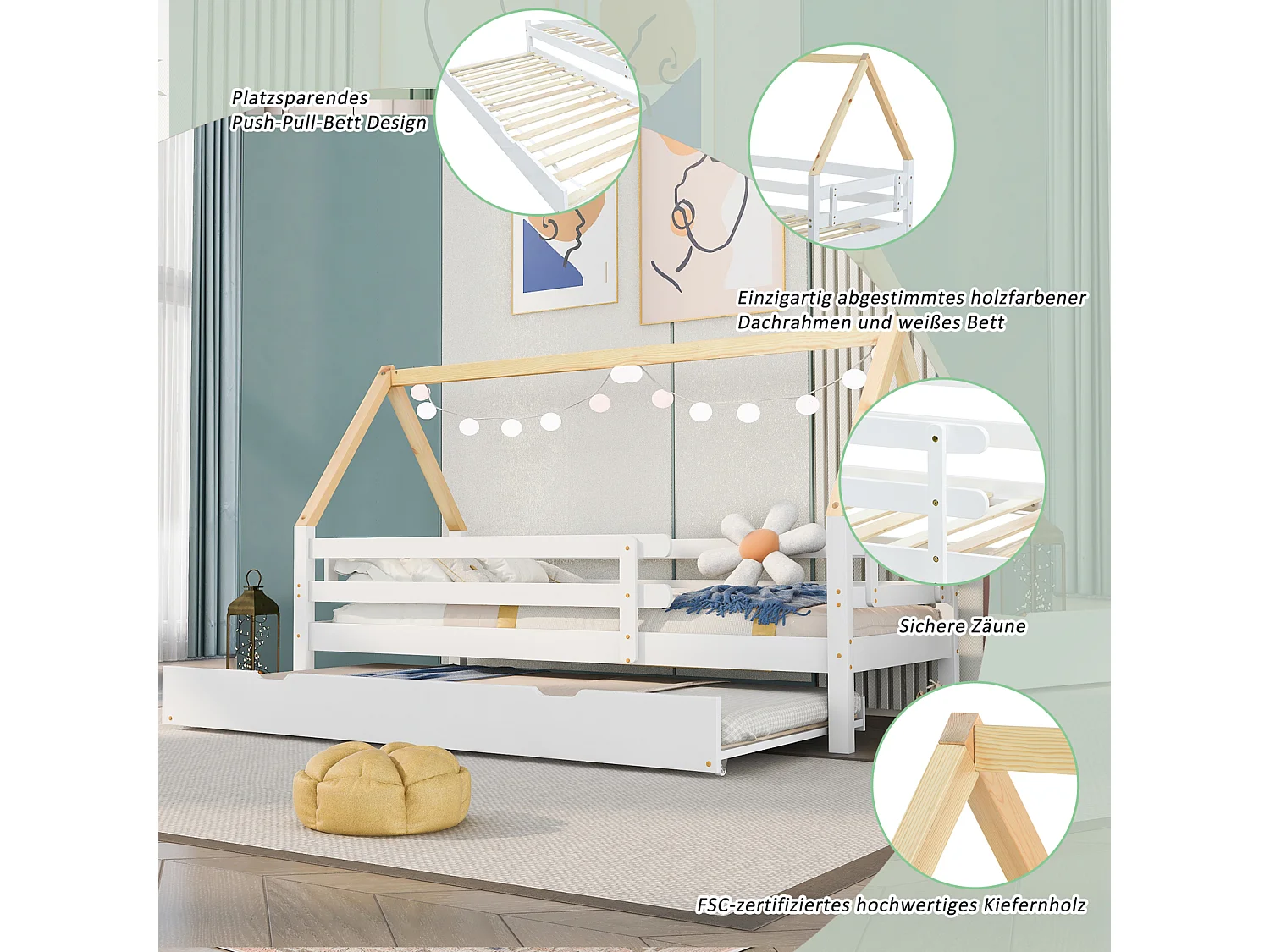 Lit cabane en bois massif blanc – Lit simple avec lit gigogne roulant, toit naturel (90x200 & 90x190 cm)