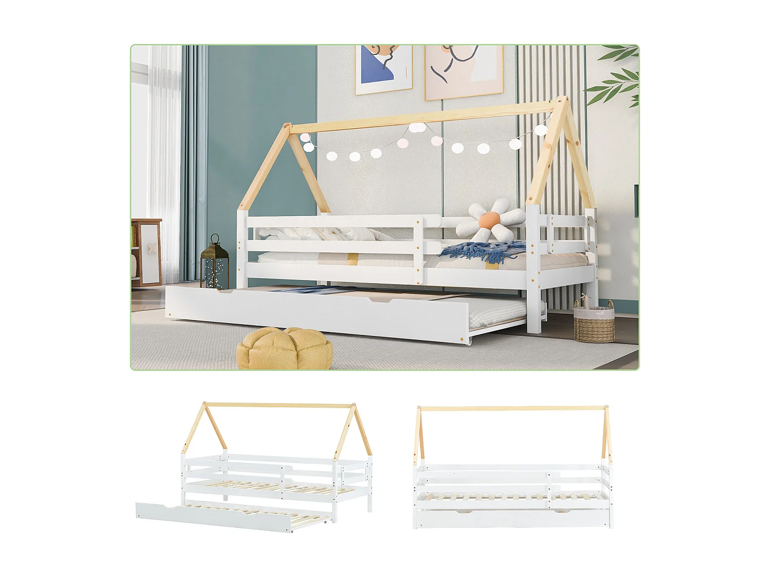 Lit cabane en bois massif blanc – Lit simple avec lit gigogne roulant, toit naturel (90x200 & 90x190 cm)