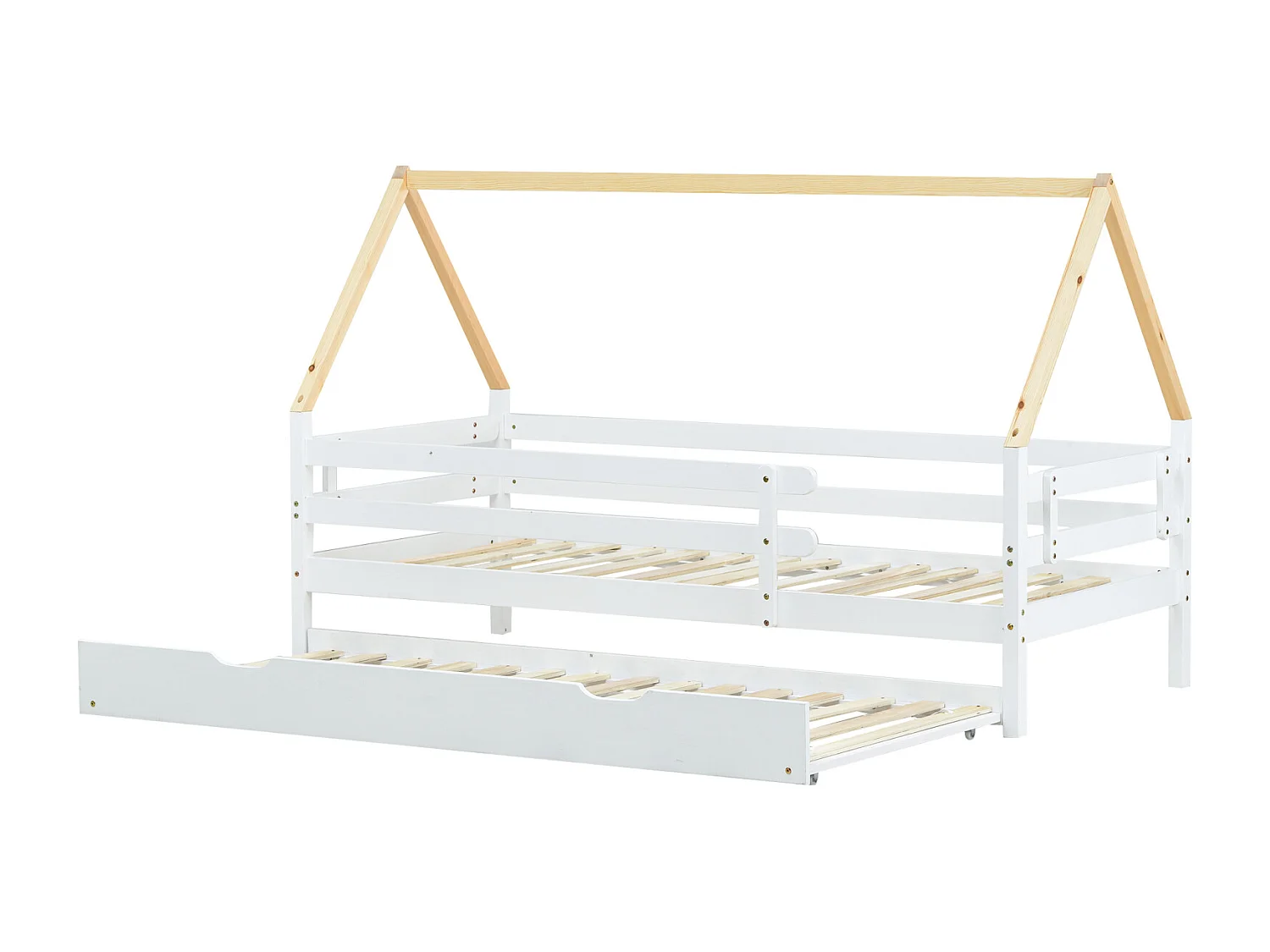 Lit cabane en bois massif blanc – Lit simple avec lit gigogne roulant, toit naturel (90x200 & 90x190 cm)