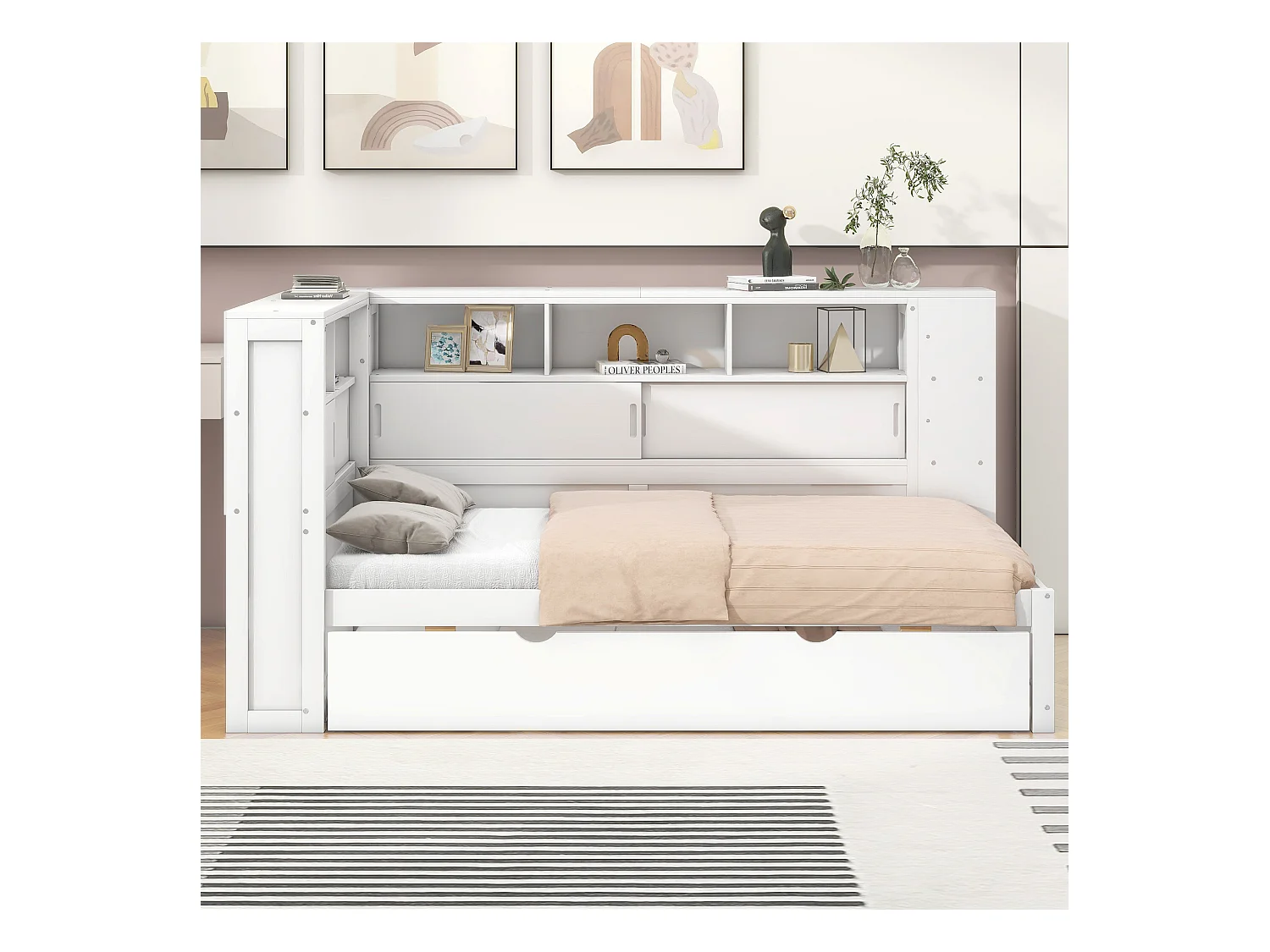 Diván 90x200 cm en tablero de partículas blanco - Sin colchón, cama nido, sofá cama con puerto USB