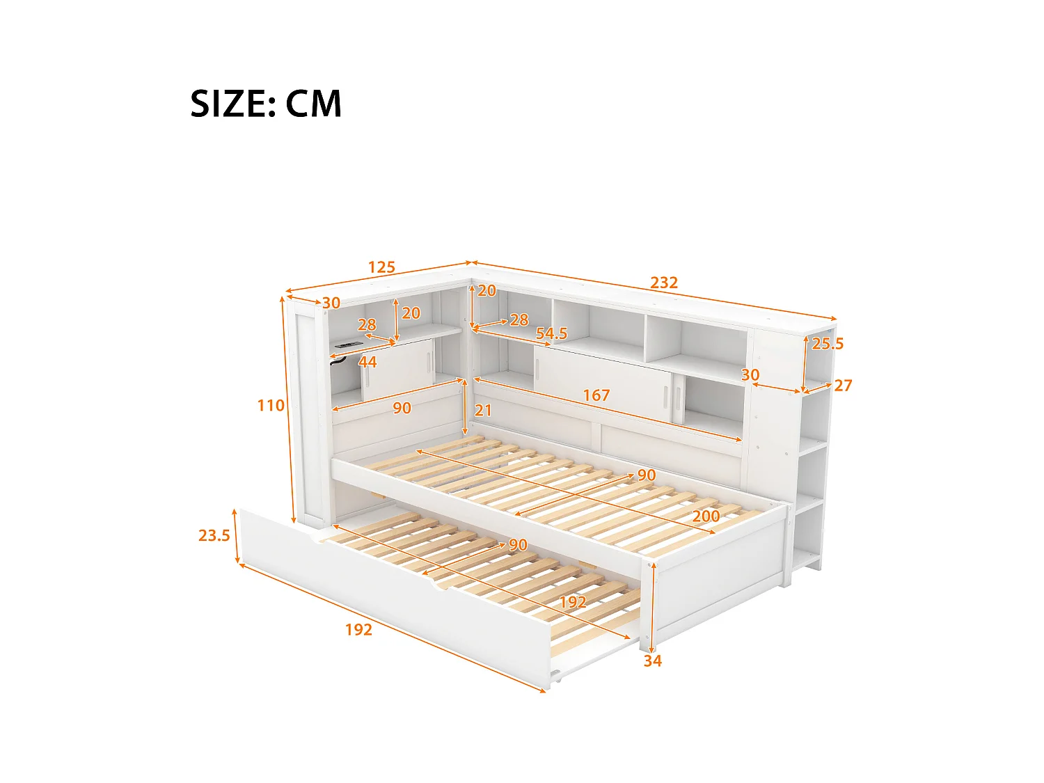Diván 90x200 cm en tablero de partículas blanco - Sin colchón, cama nido, sofá cama con puerto USB