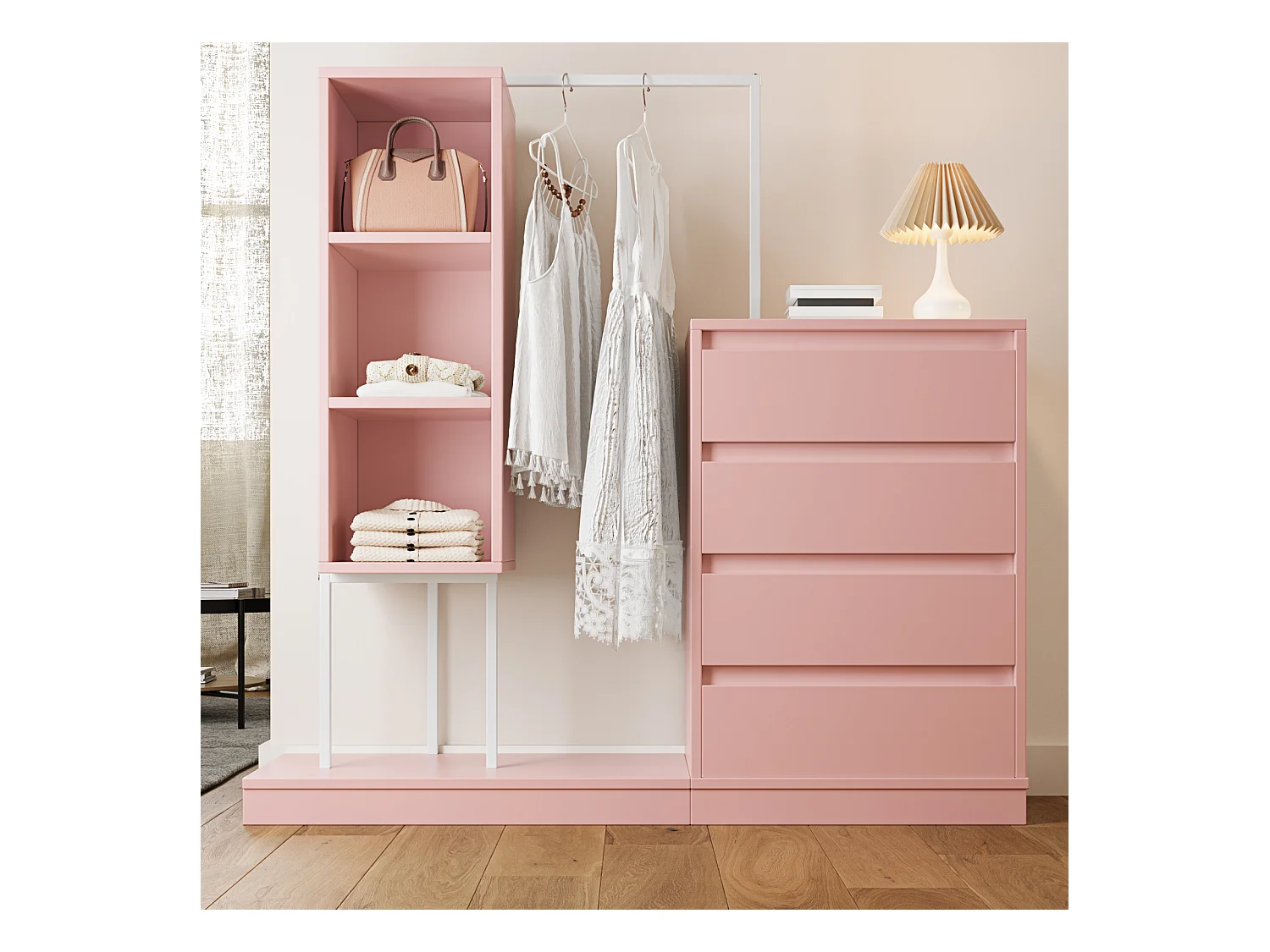 Ensemble armoire rose avec commode et tringle – 140 x 40 x 135 cm, design élégant et pratique pour chambre