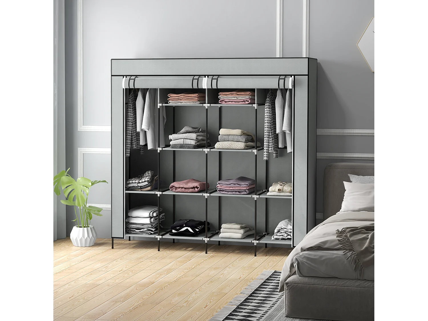 Armoire en tissu gris foncé avec tringle, 10 compartiments et 4 tiroirs – Pratique et gain de place pour chambre et couloir
