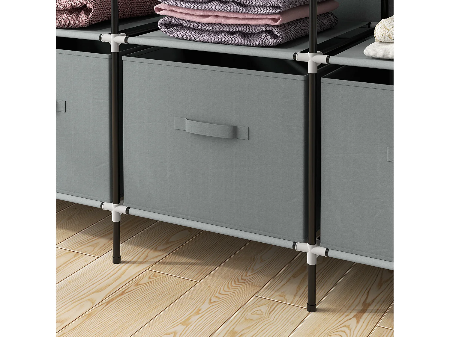 Armoire en tissu gris foncé avec tringle, 10 compartiments et 4 tiroirs – Pratique et gain de place pour chambre et couloir