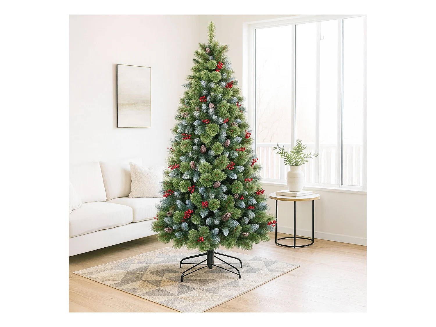 Cortina - Árbol de Navidad nevado en PVC y PP con piñas y bayas Ø99x180H, 858 puntas