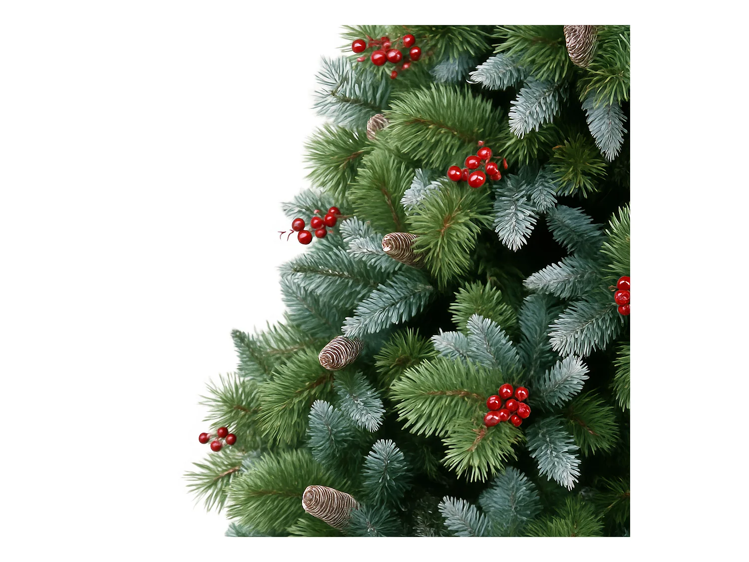 Cortina - Árbol de Navidad nevado en PVC y PP con piñas y bayas Ø99x180H, 858 puntas