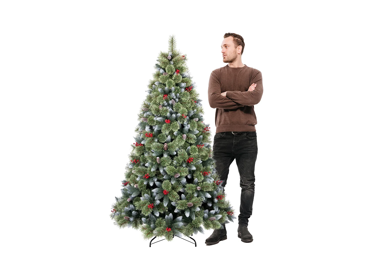 Cortina - Árbol de Navidad nevado en PVC y PP con piñas y bayas Ø99x180H, 858 puntas