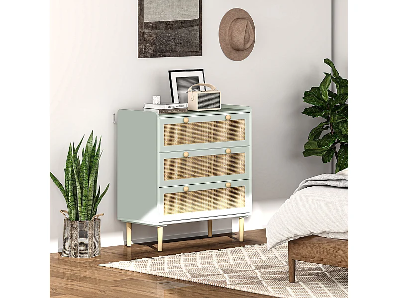 Cassettiera Boho in rattan con 3 cassetti - Azzurro, 80 x 40 x 87,5 cm, design alla moda e pratico contenitore per soggiorno e camera da letto