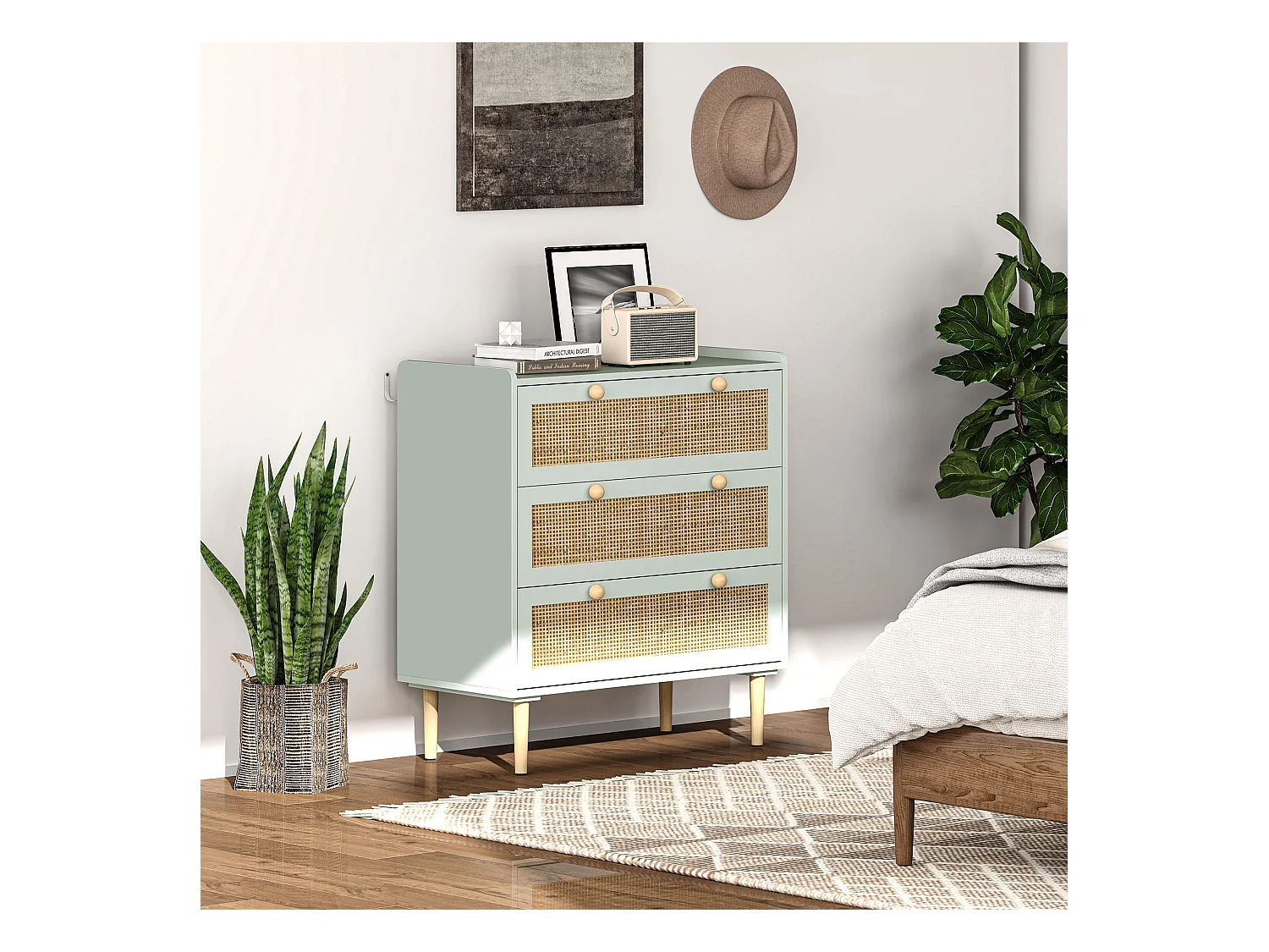 Boho rotan ladekast met 3 lades - lichtblauw, 80 x 40 x 87,5 cm, trendy design en praktische opbergruimte voor woonkamer en slaapkamer