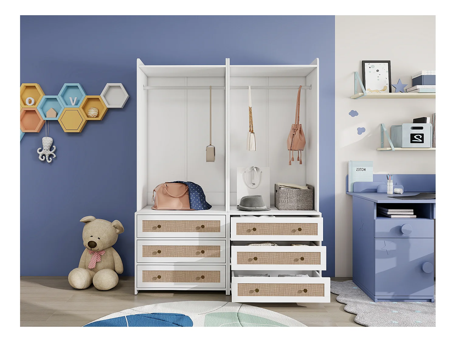 Armoire blanche 1PC style boho avec 3 tiroirs et étagère – 70 x 48 x 180 cm, pratique et multifonction pour salon, chambre ou bureau