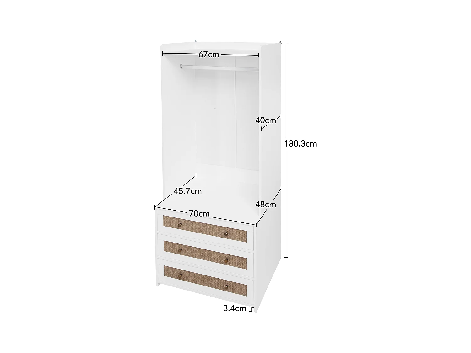 Armoire blanche 1PC style boho avec 3 tiroirs et étagère – 70 x 48 x 180 cm, pratique et multifonction pour salon, chambre ou bureau